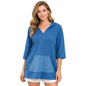 Soft Surroundings Tunic Shirt Womens Small Blue Hooded V Neck 3/4 Sleeve Top